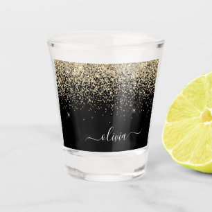Goldene schwarze Glitter-Initialen Schriftzug Name Schnapsglas