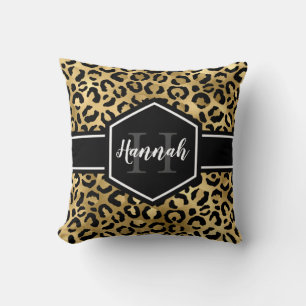 Goldene schwarze Leopardenpunkte-Monogramm Kissen