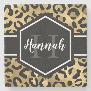 Goldene schwarze Leopardenpunkte-Monogramm Steinuntersetzer
