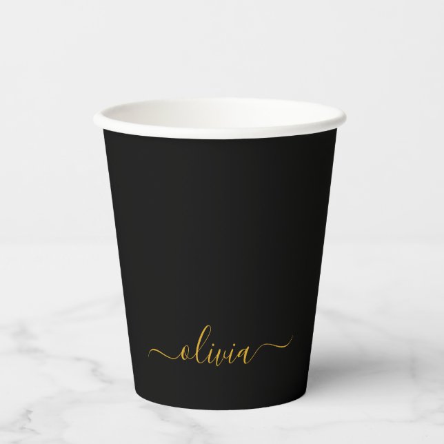 Goldene schwarze Monogramm-Papierbecher Pappbecher (Vorderseite)