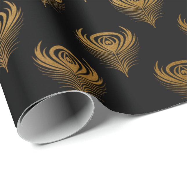 Goldene schwarze Pfauenfedern Elegante Klassik Geschenkpapier (Rolleneckpunkt)