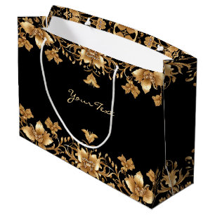 Goldene schwarze verzierte Blumen-Geschenktasche Große Geschenktüte