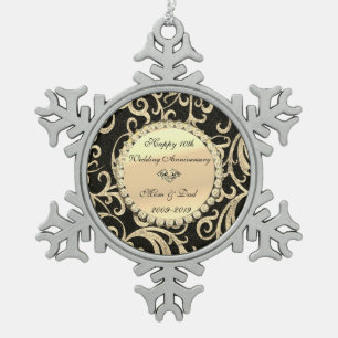 Goldene Schwünge Diamantene 10. Hochzeitstag Schneeflocken Zinn-Ornament