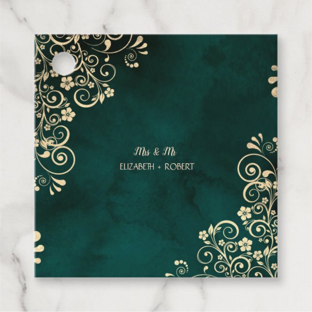 Goldene Schwünge Smaragdgrüne Hochzeit  Geschenkanhänger (Vorderseite)