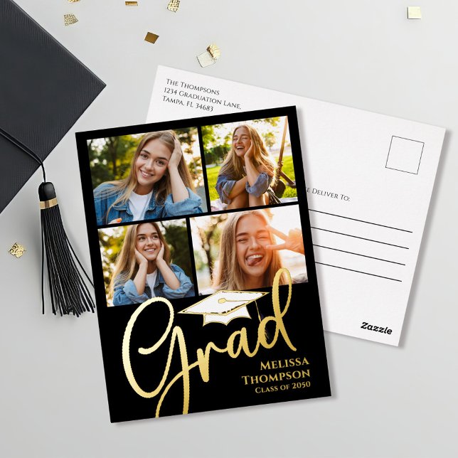 Goldene Script Abschluss - Einladung zur FotoColla (Graduation multi photo collage template postcard.)