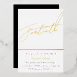 Goldene Script Schwarz-weiß Mens Frauen 40. Geburt Folieneinladung<br><div class="desc">Gold Script Schwarz-weiß Mens Frauen 40th Birthday Foil Einladung Siehe andere Einladungen in unserem Nest und Nest Store</div>