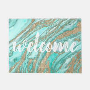 Goldene Sequin-Glitzer Aquamariner Smoky-Marmor Fußmatte