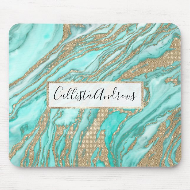 Goldene Sequin-Glitzer Aquamariner Smoky-Marmor Mousepad (Vorne)