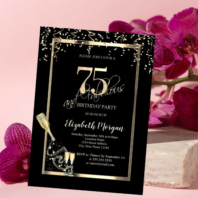 Goldene Sequins, Weinglas Flasche 75. Geburtstag Einladung (Von Creator hochgeladen)