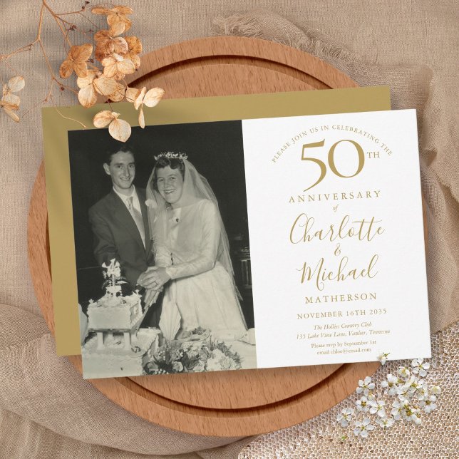 Goldene Signatur 50. Hochzeitstag Foto Einladung (Golden Signature 50th Wedding Anniversary Photo Invitation)