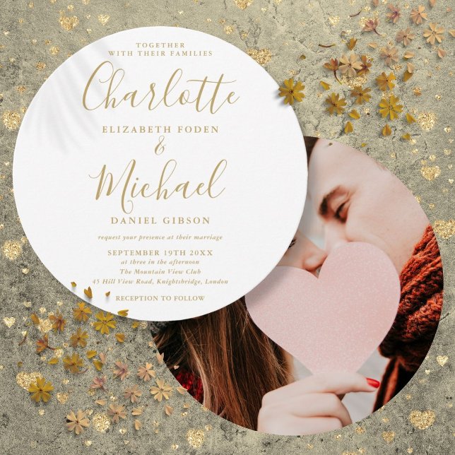 Goldene Signatur-Script-Foto Einladung (Gold Signature Script Circular Photo Wedding Invitation)