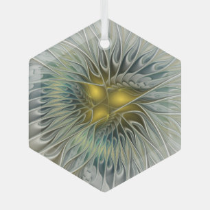 Goldene Silber-Blumen-Fantasie-Abstrakte Fraktal-K Ornament Aus Glas