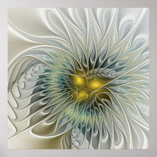 Goldene Silber-Blumen-Fantasie abstrakte Fraktal-K Poster
