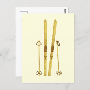 Goldene Skier und Polen   Retro Ski Illustration C Postkarte