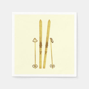 Goldene Skier und Polen   Retro Ski Illustration C Serviette