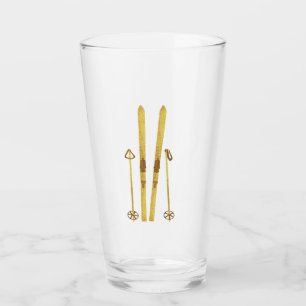 Goldene Skier und Polen Retro Ski Illustration Glas