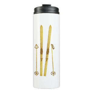 Goldene Skier und Polen   Retro Ski Illustration Thermosbecher