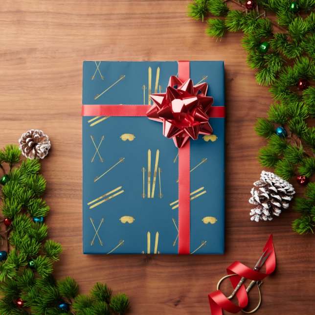 Goldene Skier und Polen | Retro Ski Pattern Blau Geschenkpapier (Feiertagsgeschenk)