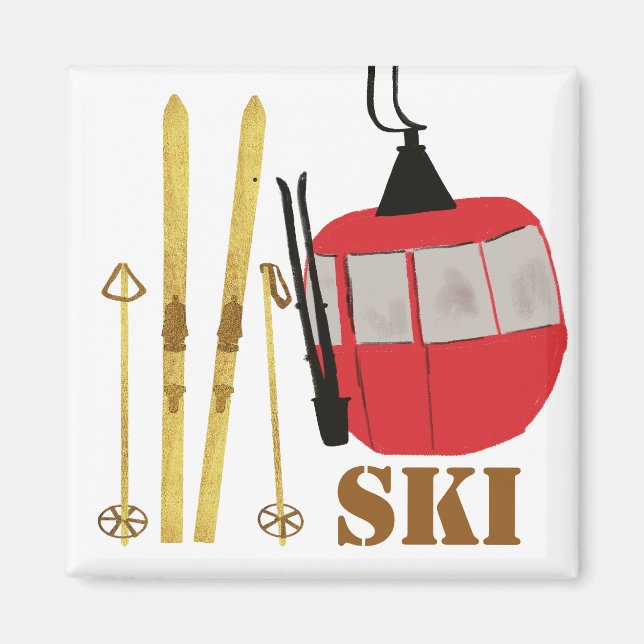 Goldene Skier und Polen | Retro Skilift Urlaub Magnet (Vorne)