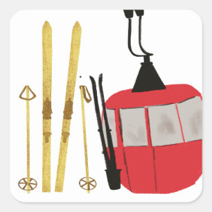Goldene Skier und Polen Retro Skilift Urlaub Quadratischer Aufkleber