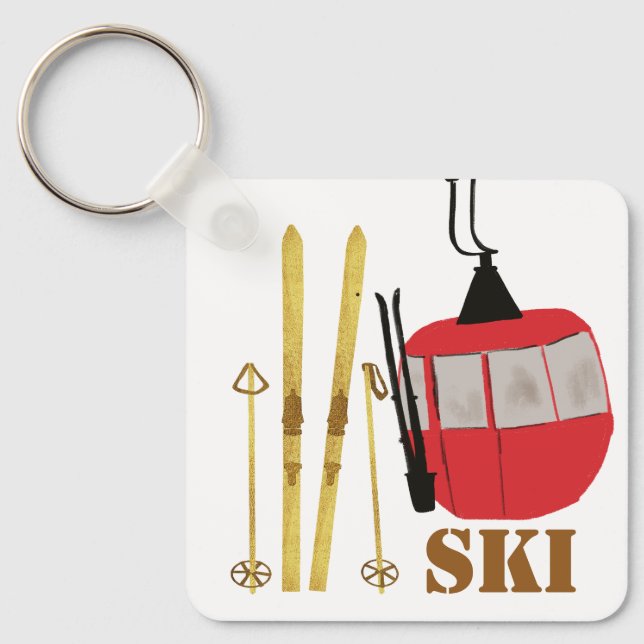 Goldene Skier und Polen | Retro Skilift Urlaub Ros Schlüsselanhänger (Vorderseite)