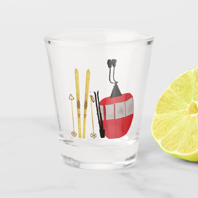 Goldene Skier und Polen | Retro Skilift Urlaub Schnapsglas (Vorderseite)