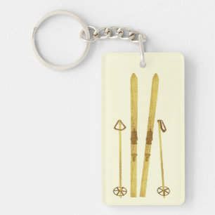 Goldene Skier und Stöcke   Retro-Ski-Illustration  Schlüsselanhänger