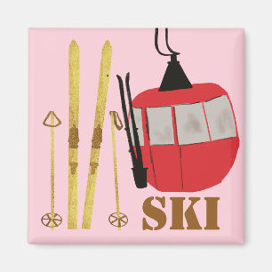 Goldene Skier und Stöcke Retro-Skilift-Feier Pin Magnet