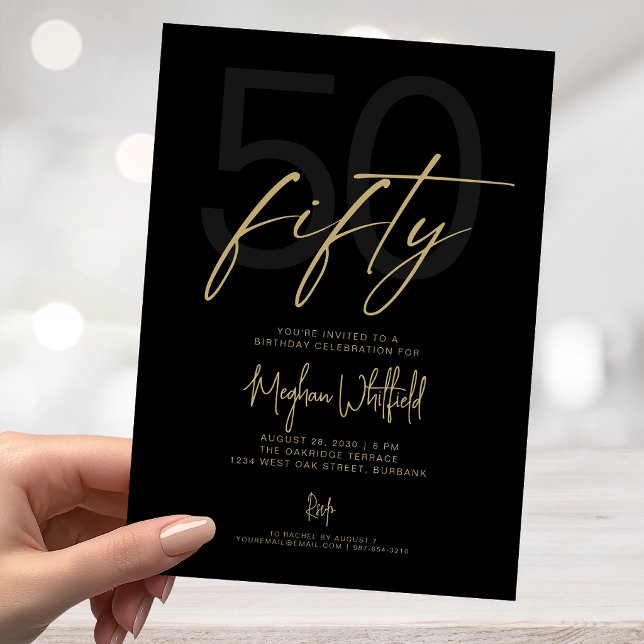 Goldene Skript Fifty Moderne schwarze 50. Geburtst Einladung (Von Creator hochgeladen)