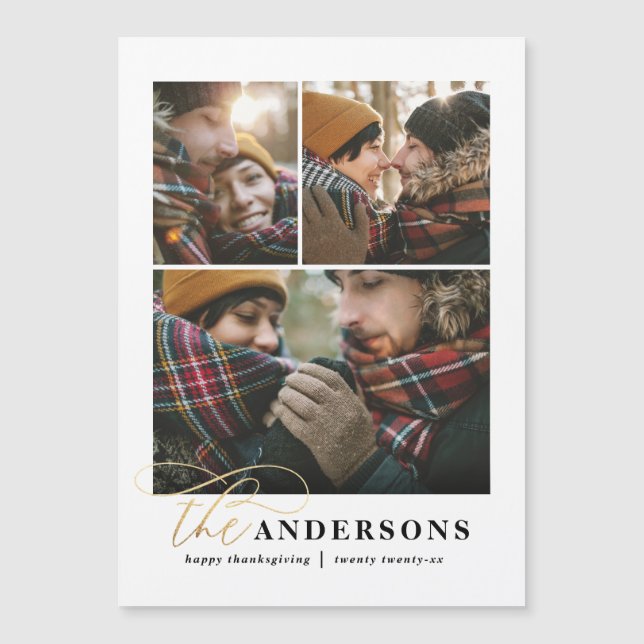 Goldene Skriptgrün kariertes Multi-Foto-Erntedank  Magnetkarte (Vorderseite)