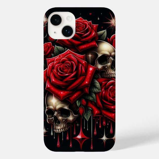 Goldene Skulls & Rote Rosen Sparkle Gotische Glamo Case-Mate iPhone Hülle (Rückseite)