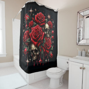 Goldene Skulls & Rote Rosen Sparkle Gotische Glamo Duschvorhang