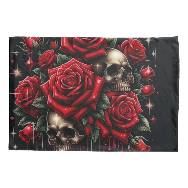 Goldene Skulls & Rote Rosen Sparkle Gotische Glamo Kissenbezug (Rückseite)