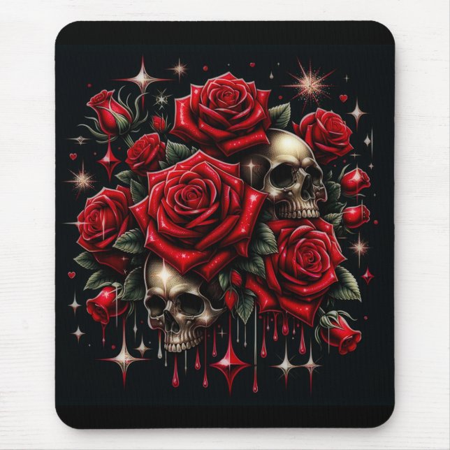 Goldene Skulls & Rote Rosen Sparkle Gotische Glamo Mousepad (Vorne)