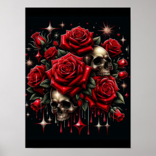 Goldene Skulls & Rote Rosen Sparkle Gotische Glamo Poster
