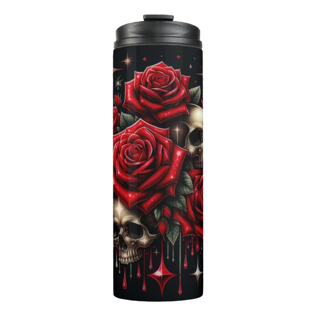 Goldene Skulls & Rote Rosen Sparkle Gotische Glamo Thermosbecher (Vorderseite)