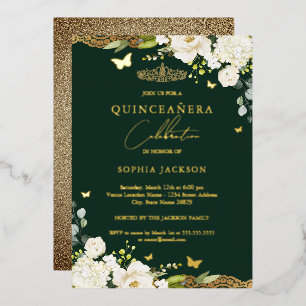 Goldene Smaragd Blumen Spitze Quinceanera Geburtst Folieneinladung