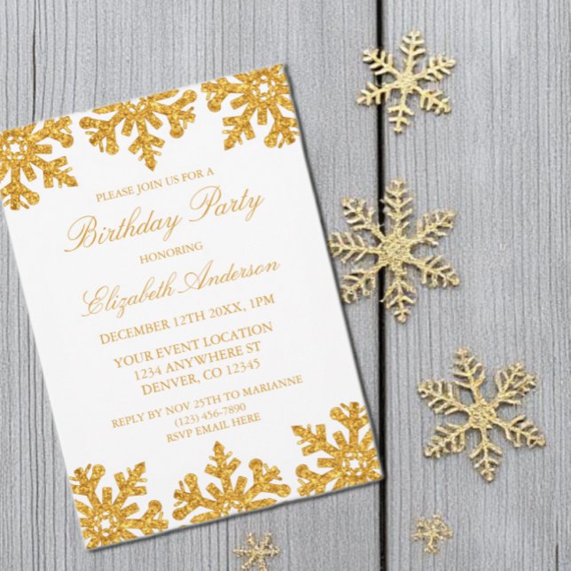 Goldene Snowflake WinterGeburtstagsparty Einladung (Von Creator hochgeladen)