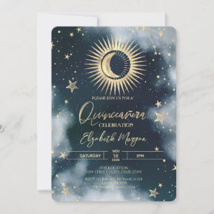 Goldene Sonne, Mond, Sterne Nachthimmel Quinceaner Einladung