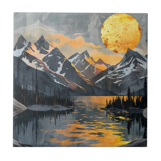 Goldene Sonne über schneebedeckte Berge - Boho Wil Fliese (Vorderseite)