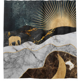 Goldene Sonne und Mond mit Elefant in Marmor Kosmi Duschvorhang