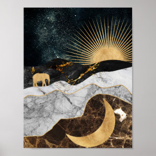 Goldene Sonne und Mond mit Elefant in Marmor Kosmi Poster