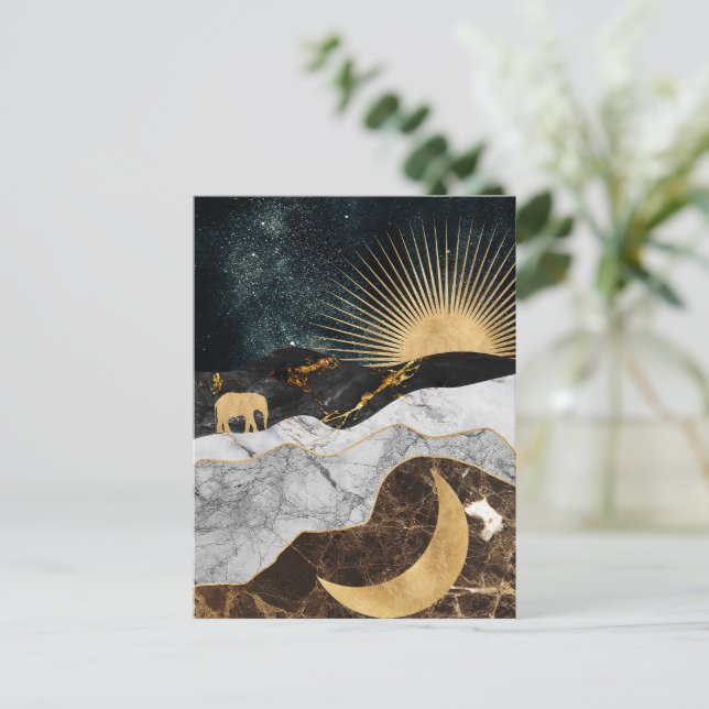Goldene Sonne und Mond mit Elefant in Marmor Kosmi Postkarte (Stehend Vorderseite)