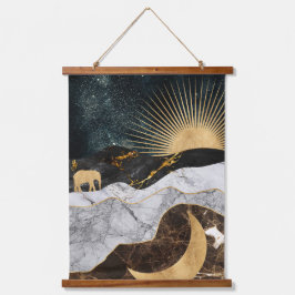 Goldene Sonne und Mond mit Elefant in Marmor Kosmi Wandteppich Mit Holzrahmen