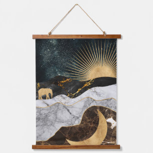 Goldene Sonne und Mond mit Elefant in Marmor Kosmi Wandteppich Mit Holzrahmen