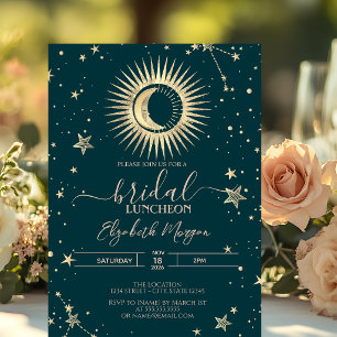 Goldene Sonne und Mond Sterne Grüne Hochzeitslunch Einladung