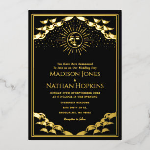 Goldene Sonnen- und Mond-Tarotkarten-Hochzeitseinl Folieneinladung