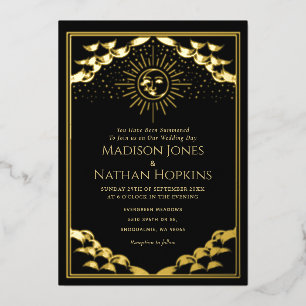 Goldene Sonnen- und Mond-Tarotkarten-Hochzeitseinl Folieneinladung