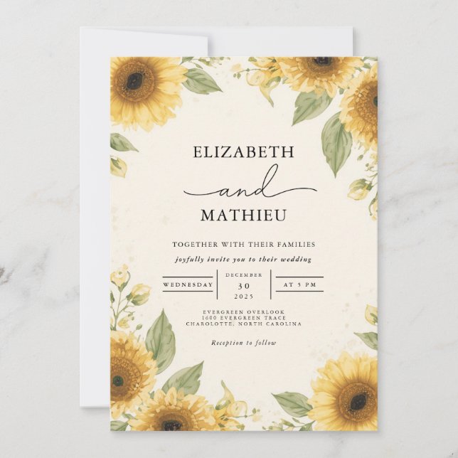 Goldene Sonnenblume Rustikale Hochzeit Einladung (Vorderseite)