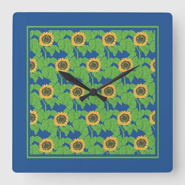 Goldene Sonnenblumen auf hellblauem Hintergrund Quadratische Wanduhr (Vorderseite)